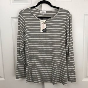 Grey and White Striped Long Sleeve Fitted Shirt
